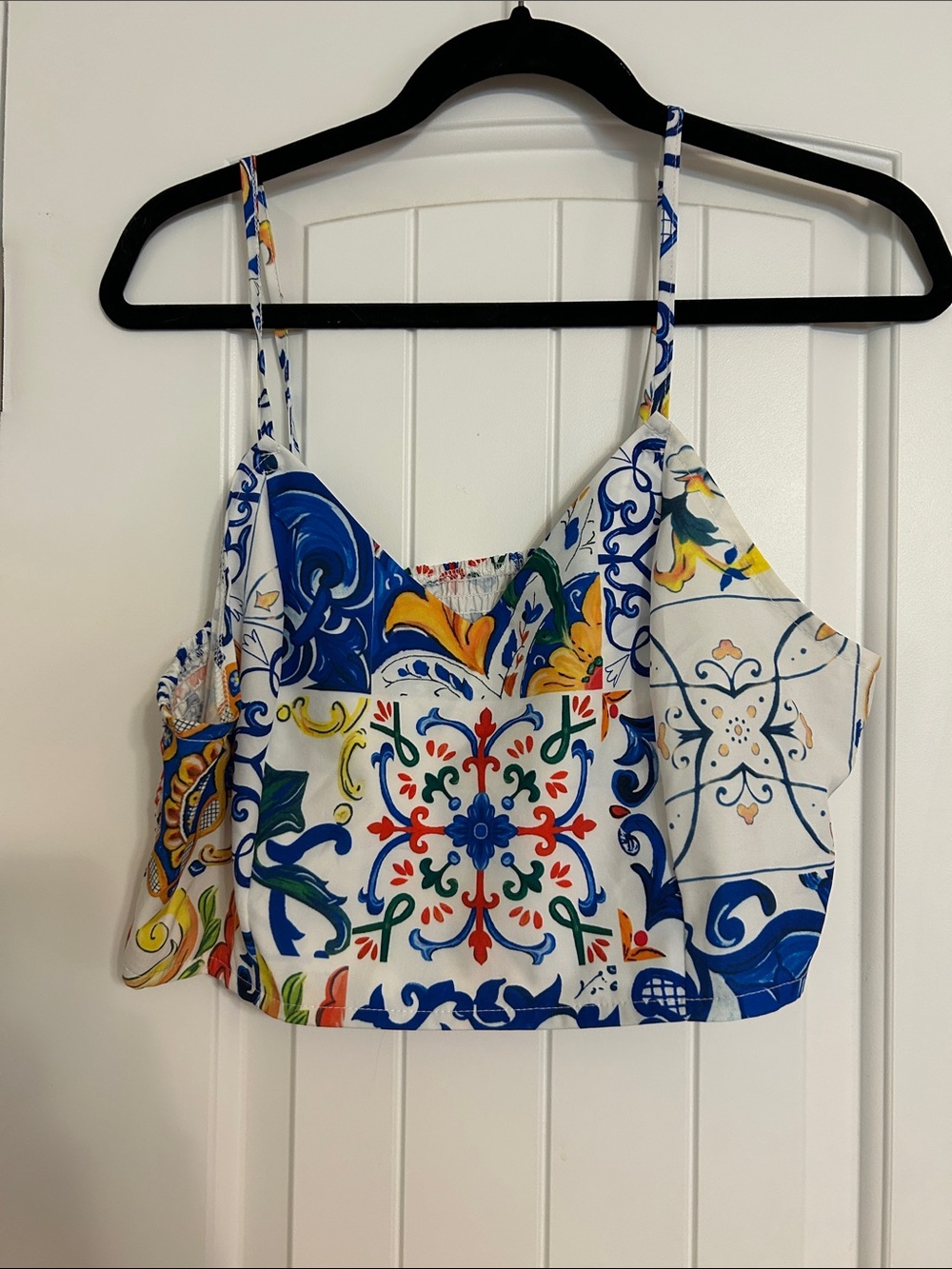 Amazon Multicolor Tile-Print Cropped Cami in Blue, White & Yellow and Skirt Set.
